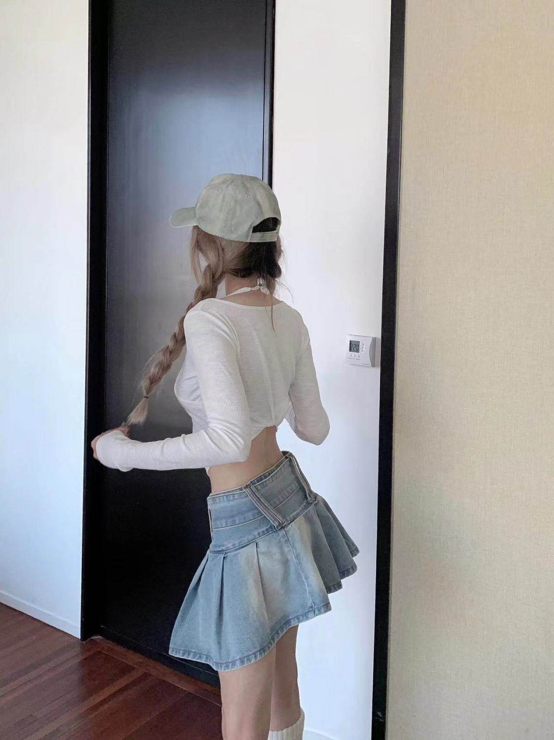 High Waist Slimming Denim Pleated Mini Skirt - Velora