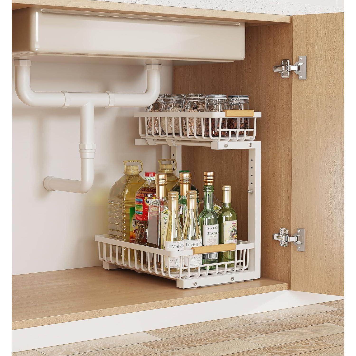 Metal Adjustable Height Two-Tier Drawer Kitchen Bathroom Under Sink Storage Rack - Velora