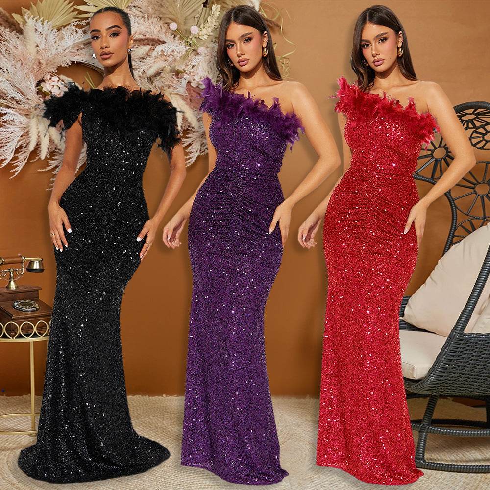 Luxury formal dress Feather Stitching Sequin Evening Dress Long dress - Velora