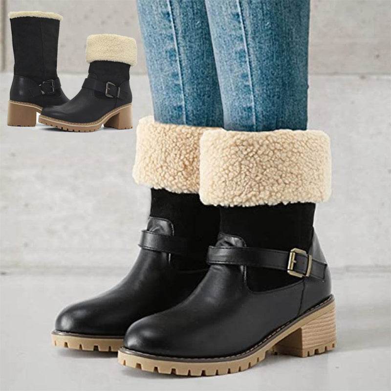 Fashion Boots With Buckle Chunky Heel Shoes Warm Winter Round Toe Western Boots For Women - Velora