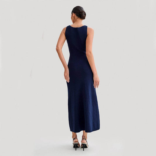 Elegant Knitted Sleeveless Dress With Single Breast Fashion Slim Round Neck Long Dresses Womens Clothing - Velora