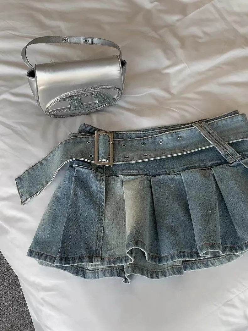 High Waist Slimming Denim Pleated Mini Skirt - Velora