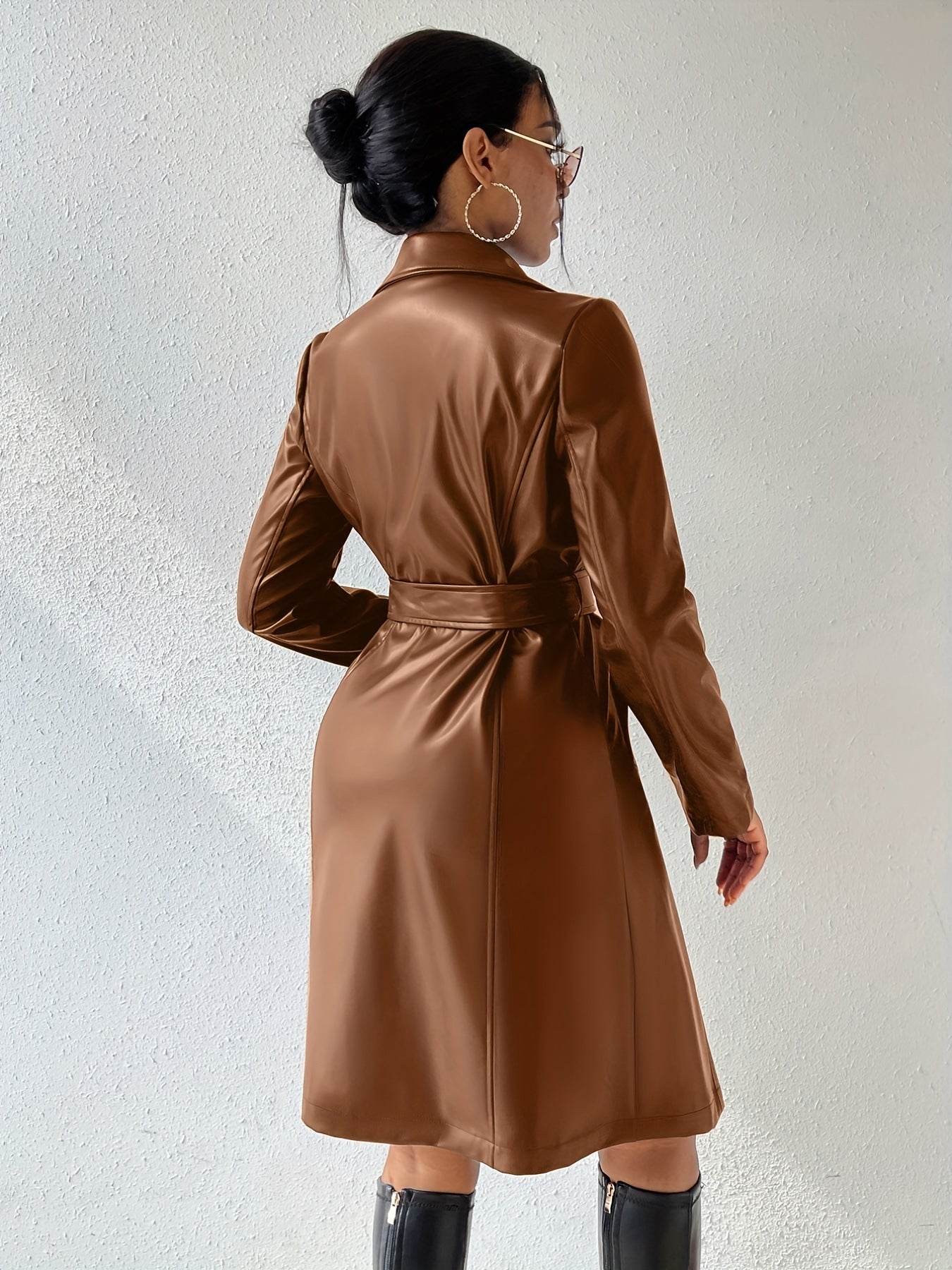 Long Sleeve Lapel PU Leather Jacket With Pockets Slim Fit Long Trench Coat Women's Clothing - Velora
