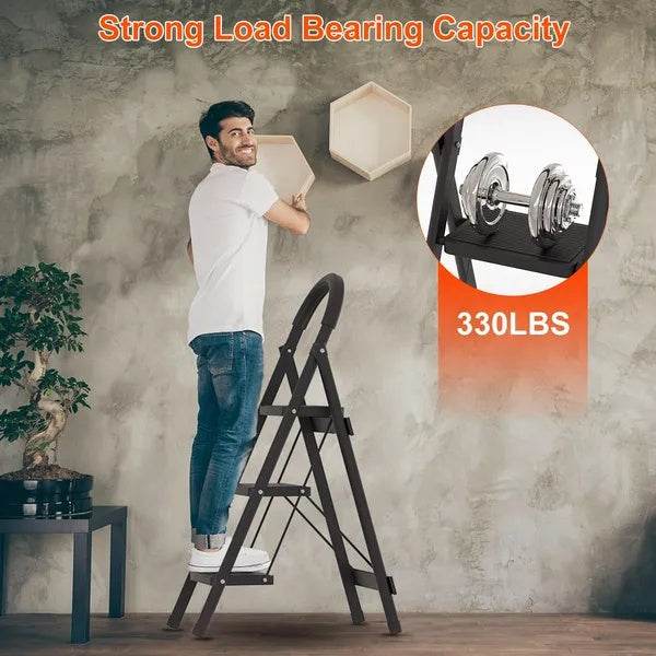 3-Step Folding Ladder, 330lbs Load Capacity, Lightweight 6.94lbs With 1.57in Folding Width, Heavy Duty Steel Construction, Non-Slip Pedals & Feet, Safety Lock, Multi-Use For Home Kitchen Living Room - Velora