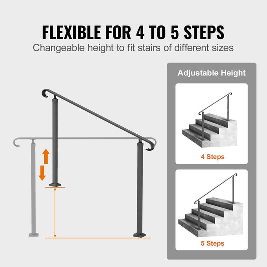 Handrails For Outdoor Steps, Fit 3-5 Steps Outdoor Stair Railing, Wrought Iron Handrail, Flexible Front Porch Hand Rail, Black Transitional Hand Railings For Concrete Steps Or Wooden Stairs - Velora