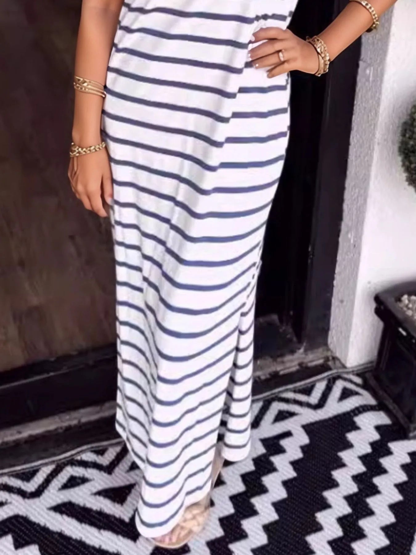 Full Size Striped T-Shirt Maxi Dress with Side Slit Plus Size - Velora