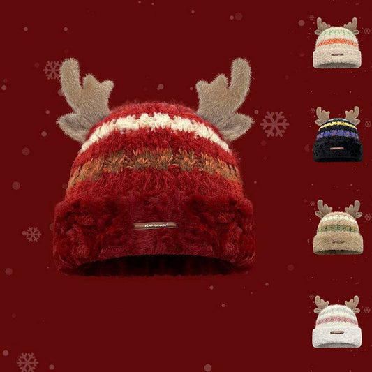 Christmas Knitted Hat With Cute Deer Antler Winter Warm Thick Hat For Girls Women - Velora