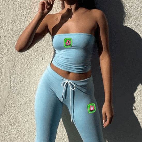 Fashion Summer Suit Embroidery Tube Top And High Waist Drawstring Bell-bottomed Pants Two-piece Set Womens Clothing - Velora