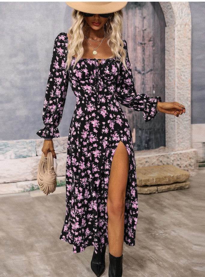 Flowers Printing Long Sleeve Dress Fashion Square-neck Bottom Slit Dresses Womens Clothing - Velora