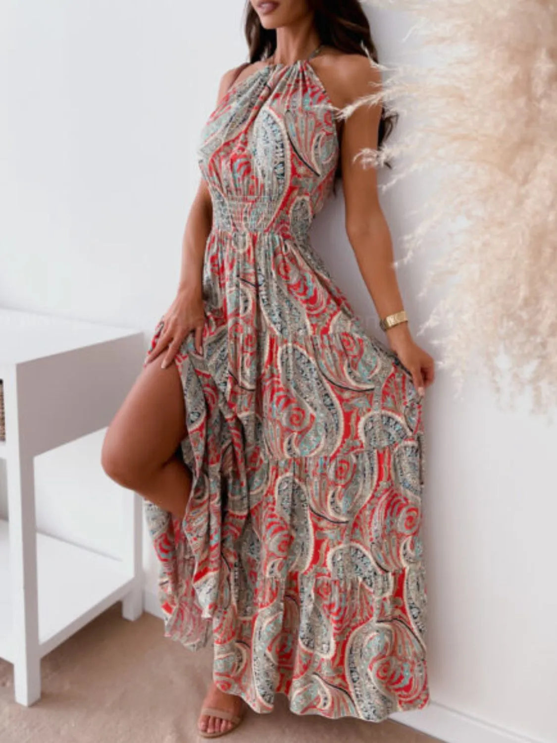 Printed Halter Neck Maxi Dress - Velora