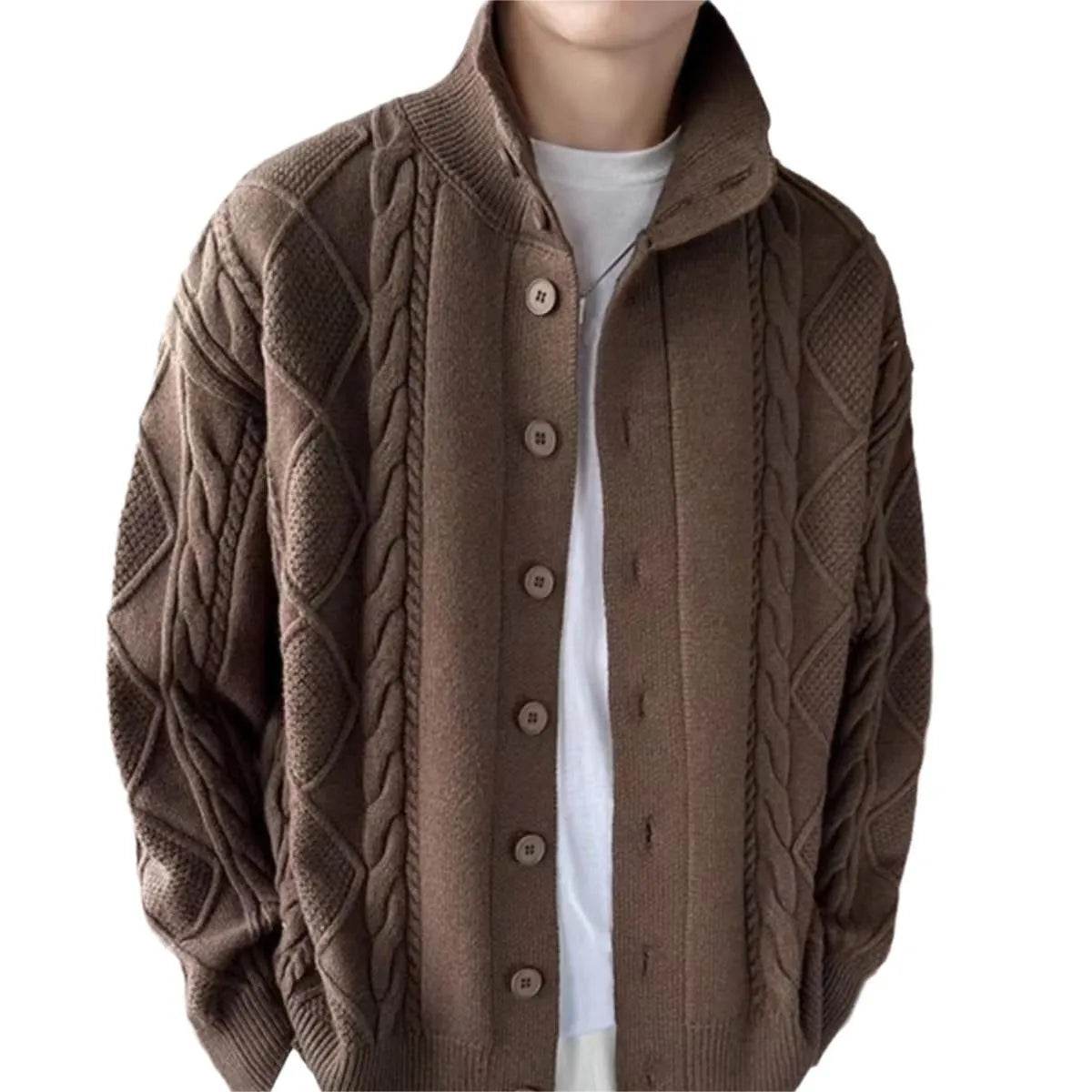 Solid Color Prismatic Plaid Sweater Coat Loose All-match Retro Lapels Long Sleeve Knitted Cardigan - Velora