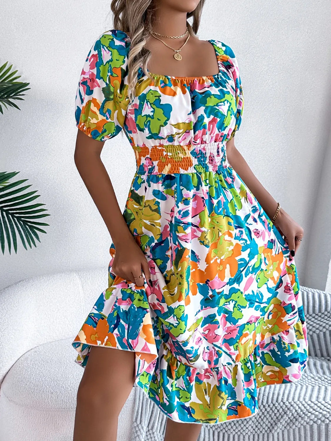 Ruffled Hem Smocked Floral Short Sleeve Midi Dress - Velora