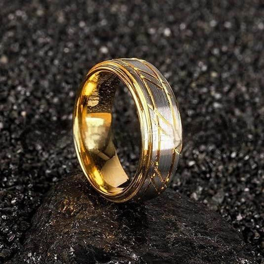 Men's Yellow Gold 8mm Simple Design Polished Twill Tungsten Ring - Velora