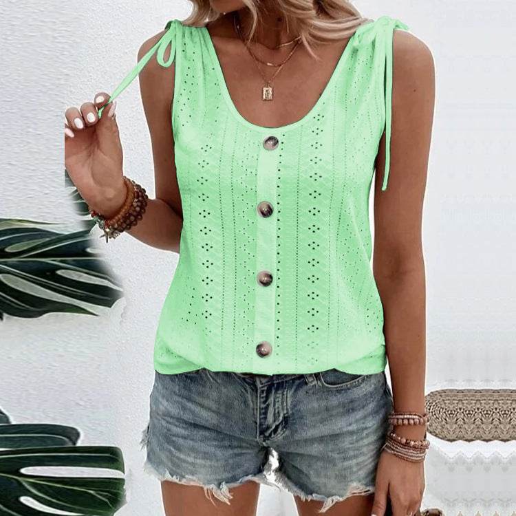 Casual summer U-neck Vest Women Shoulder With Bow Tie Summer blouse top - Velora