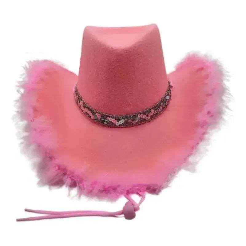 Trendy cowgirl hat Sequined Ribbon Upturned Eaves Raw Edge Denim Top Hat Pink Cowgirl Hat womens pink cowboy hat - Velora