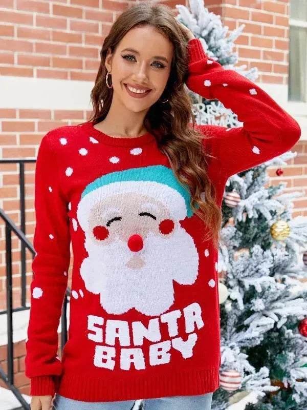 Women's Tops Santa Pullover Sweater Autumn And Winter Letter Embroidery Christmas Red Sweaters Long Sleeve Crew Neck Clothes - Velora