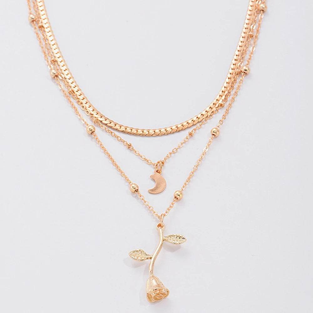 Bohemia Multilayer Moon Gold Color Pendant Necklaces For Women Rose Flower Choker Necklace 2025 Fashion Jewelry Party Gift Valentine's Day Gifts - Velora