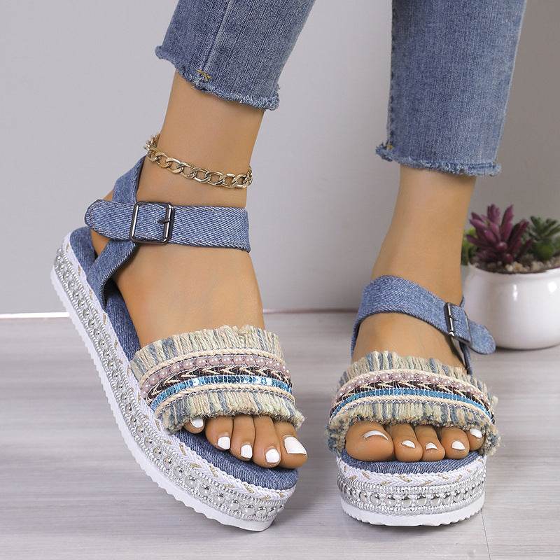 Fashion Tassel Denim Sandals With Thick-soled Flat Heel New Summer Hemp Rope Sole Ethnic Style Shoes For Women - Velora