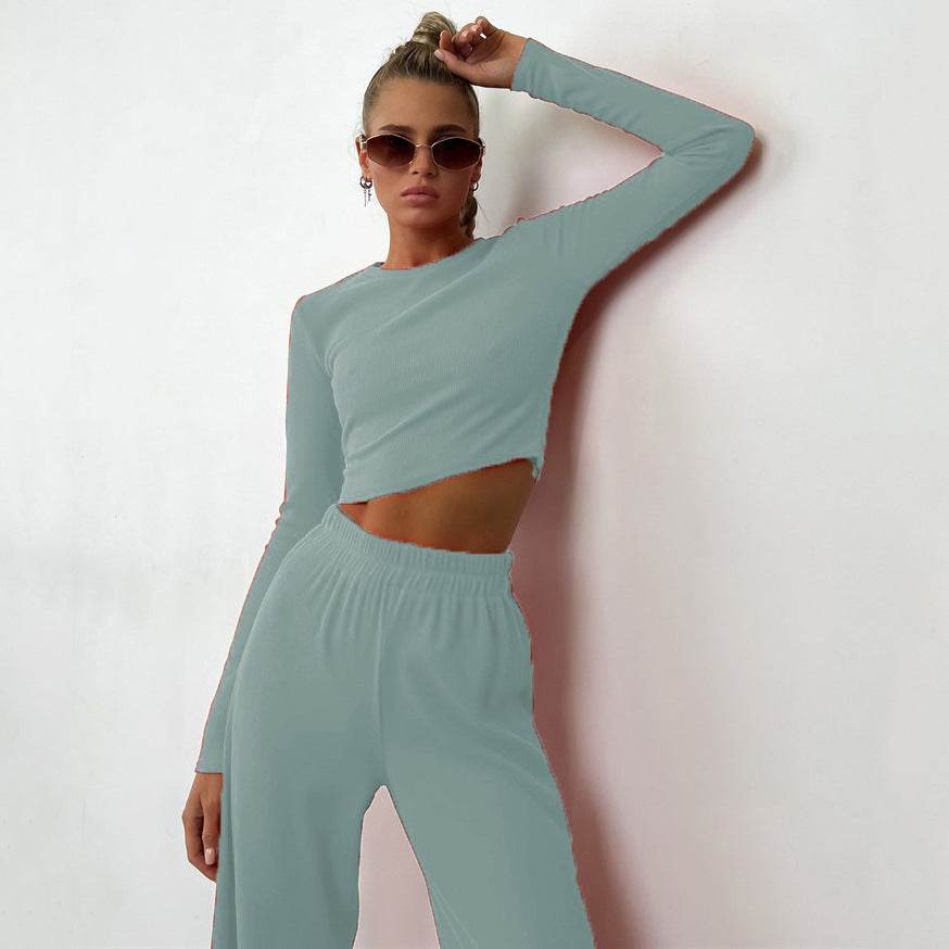Women's Long Sleeve Fashion Sunken Stripe Trousers Two-piece Set - Velora