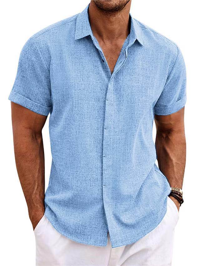 Men's Solid Color Loose Linen Short-sleeved shirt - Velora
