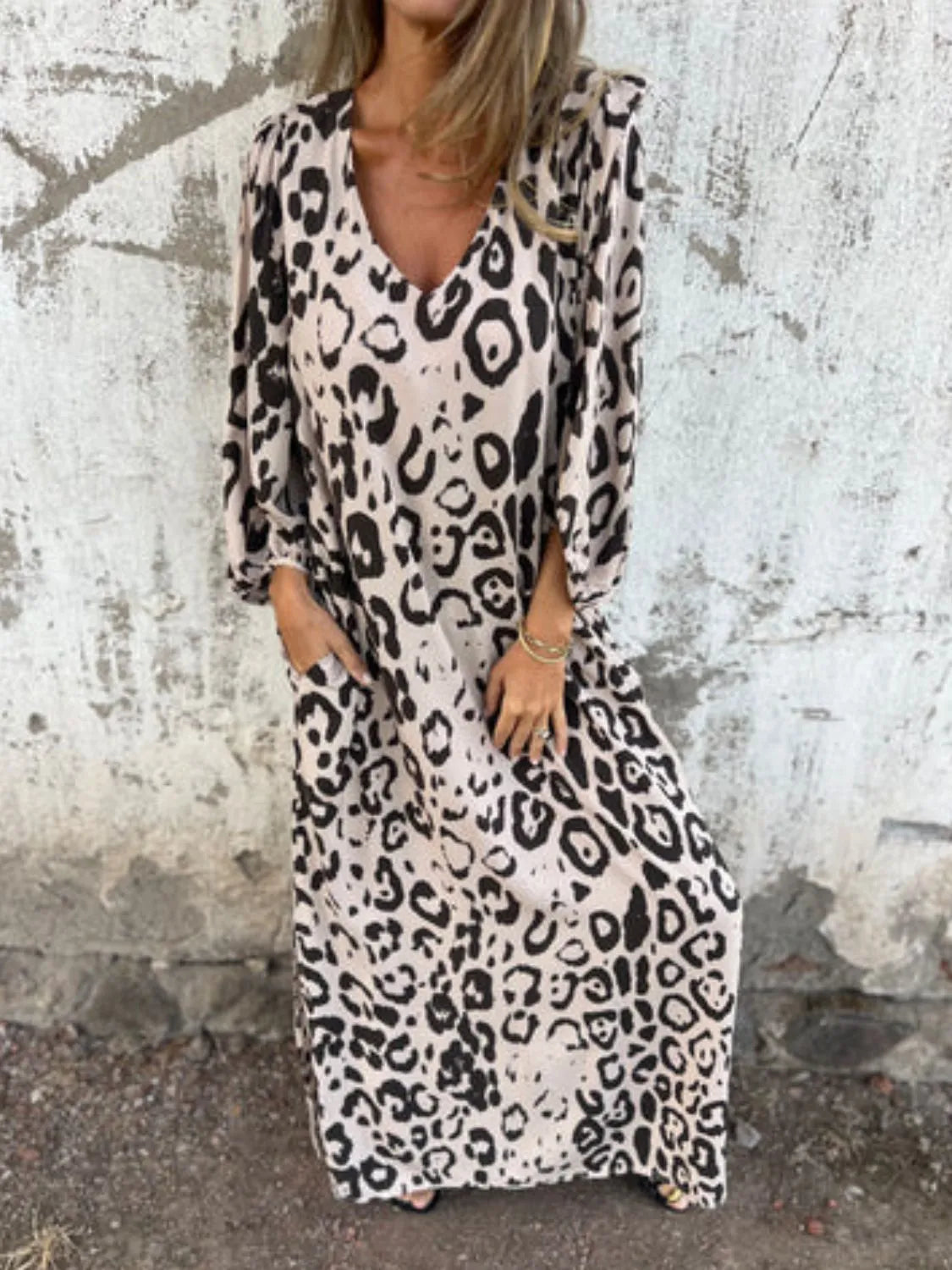 Full Size Printed V-Neck Dress with Pockets Plus Size - Velora