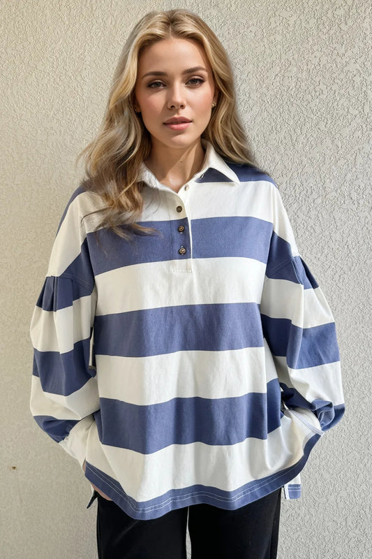 Oh Pima Cotton Wash Wide Striped Collared Neck Long Sleeve Top - Velora