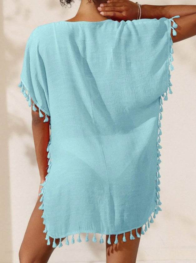 Summer Women's Solid Color Tassel Short Sleeve Top - Velora
