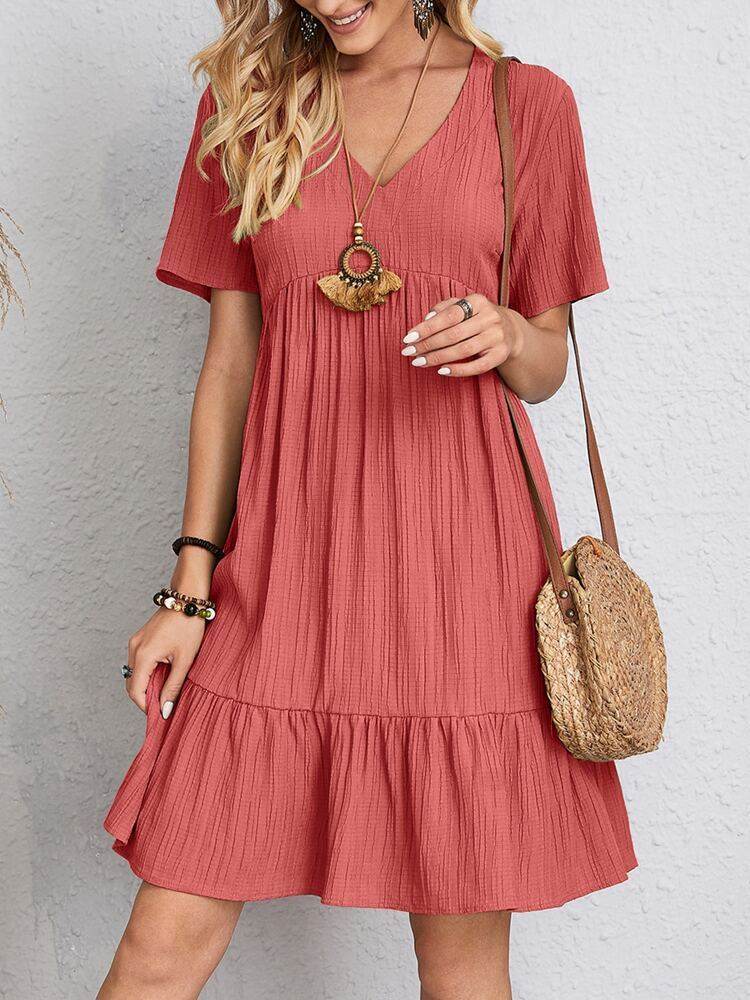 V-neck Short Sleeve Dress Summer Fashion Casual Loose Ruffled Dresses Beach Clothing Women - Velora