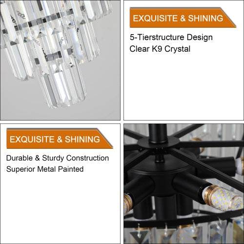 Large Black Crystal Chandelier, Contemporary Style Chandelier, Dining Room, Living Room, Bedroom - Bulb Not Included - Velora