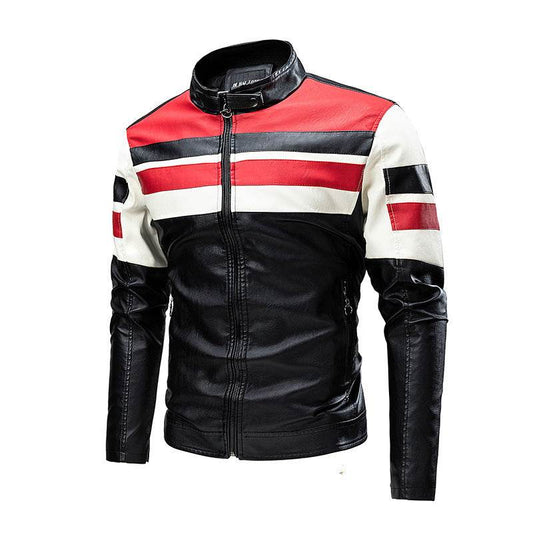 Motorcycle Stitching Leather Jacket Men Stand Collar Retro - Velora