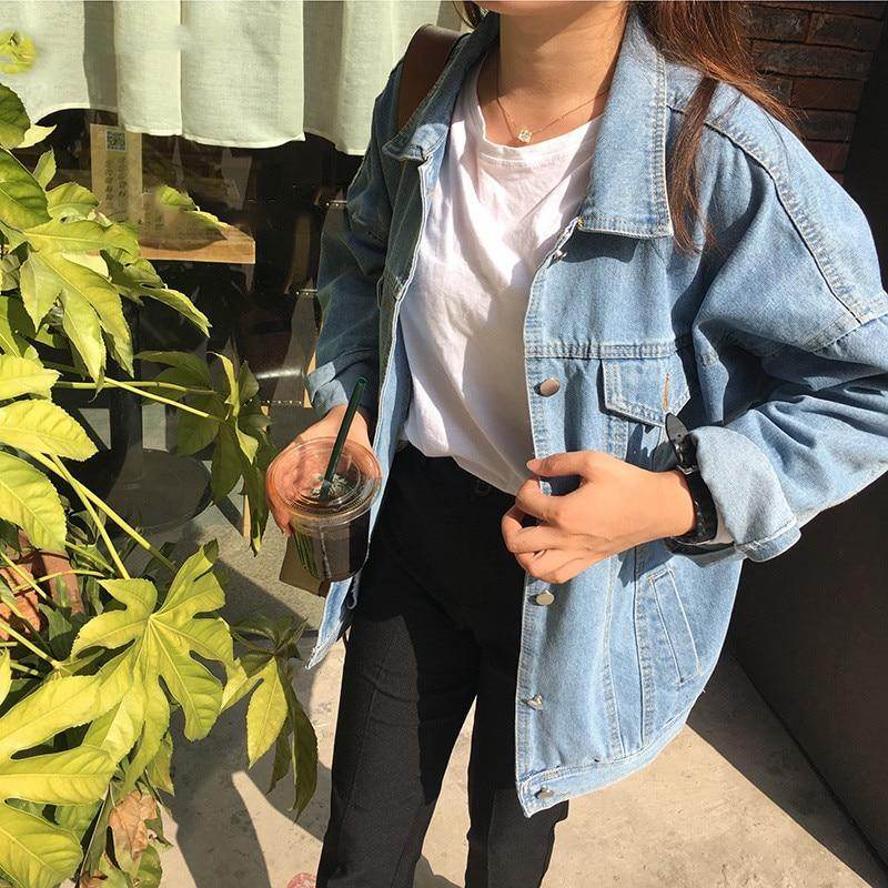 Casual Unisex Loose student bf style blue denim jacket women - Velora