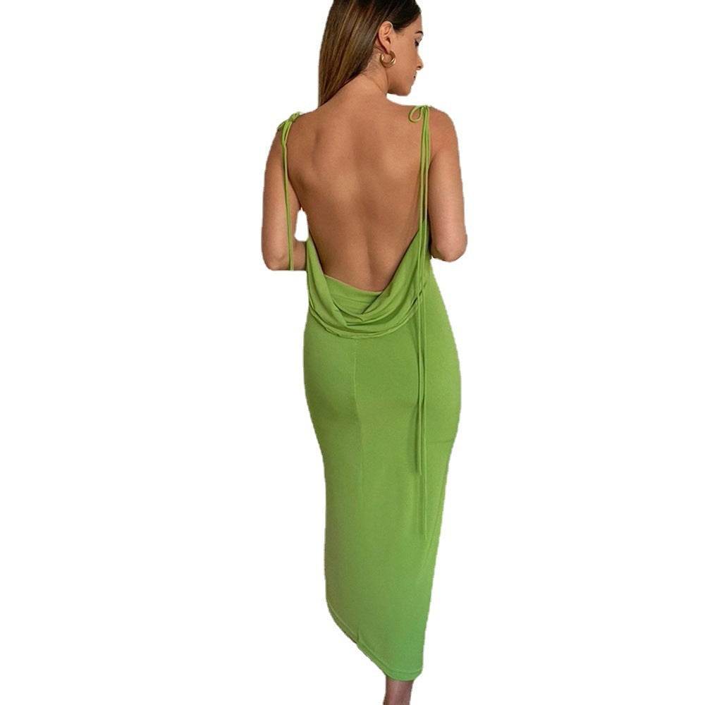 Cryptographic Elegant Spaghetti Strap Sexy Backless Draped Maxi Dress for Women Sleeveless Night Club Party Long Dresses Summer - Velora