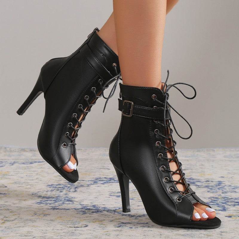 Women's Peep Toe High Heel Pumps Shoes Fashion Lace-up Buckle Sandals With Back Zipper Design - Velora