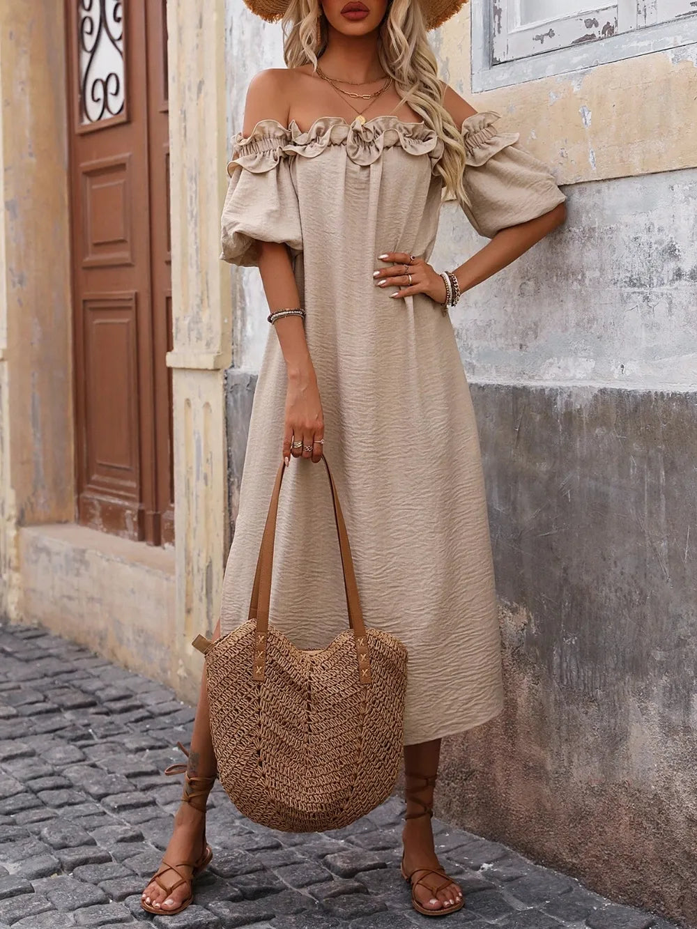 Ruffled Off-Shoulder Puff Sleeve Midi Dress - Velora