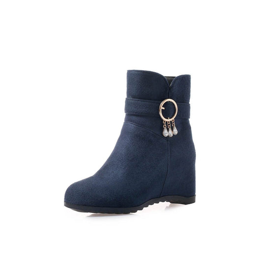 Fringed Round Toe Wedge Heel Winter Ladies Short Boots - Velora