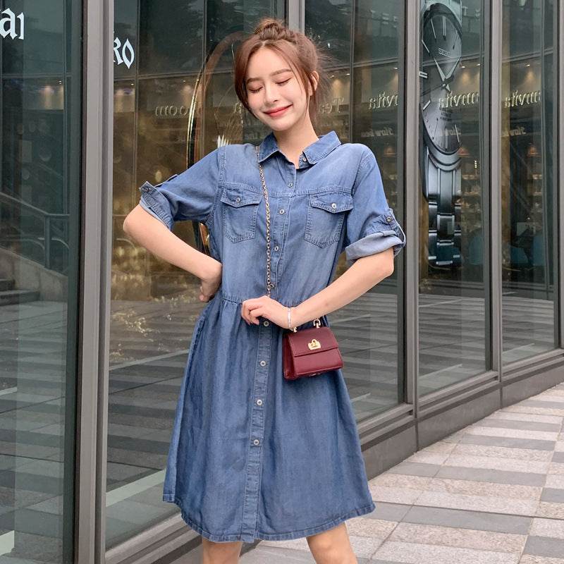 Casual Short sleeve Loose denim dress - Velora