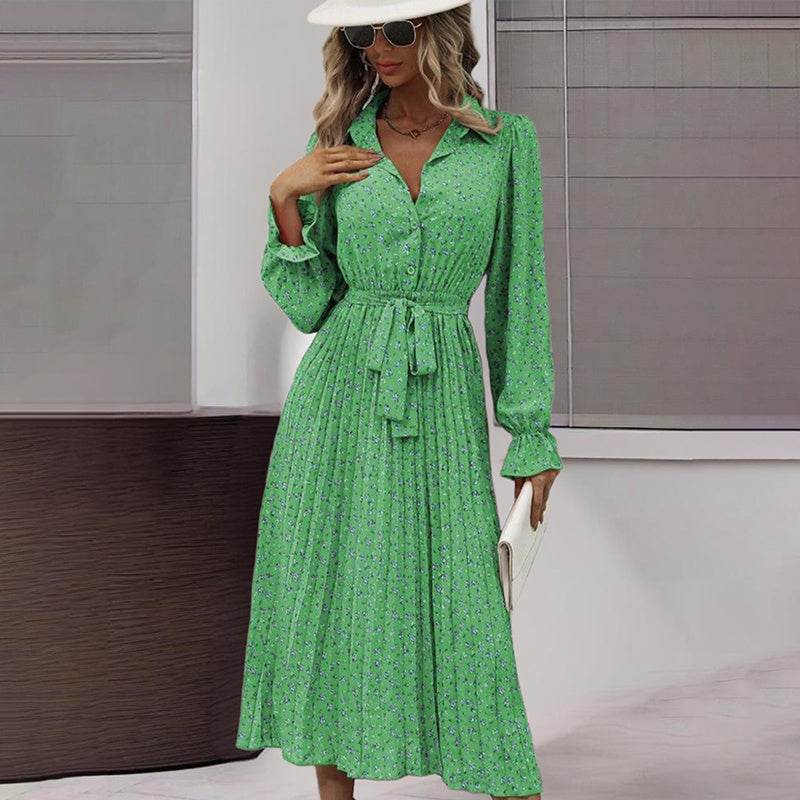 Women's Long Sleeve Midi Dress V Neck Button Down Belted A-Line Flowy - Velora