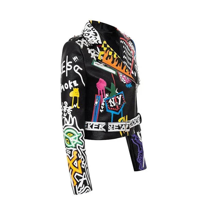 Printed Hit Color Jacket Motorcycle Leather Jacket Women's Suit Collar Trendy Jacket - Velora