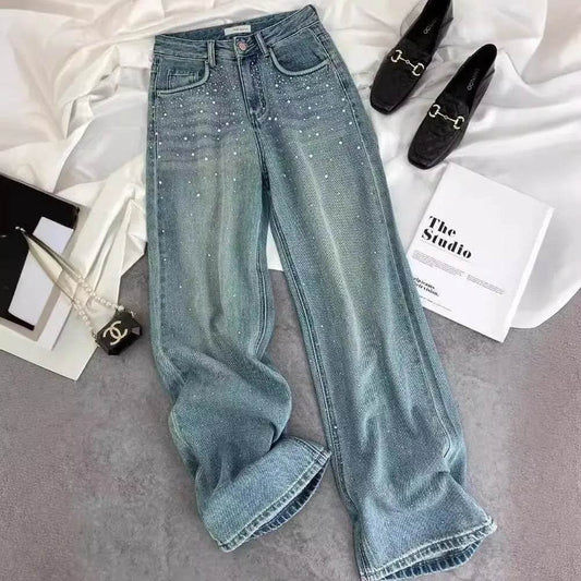 Starry Diamond In The Debris Rhinestone Straight Baggy Jeans Pant For Women - Velora