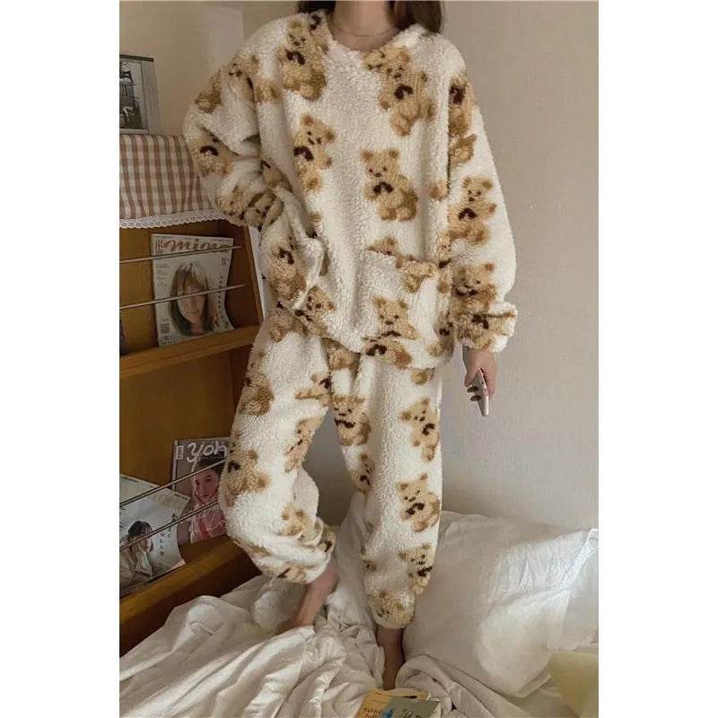 Polar Bear Fleece Winter Home Lounge wear Pajamas Set Women - Velora