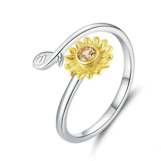925 Sterling Silver 18K Gold Sunflower Open Ring - Velora Luxury Fashion