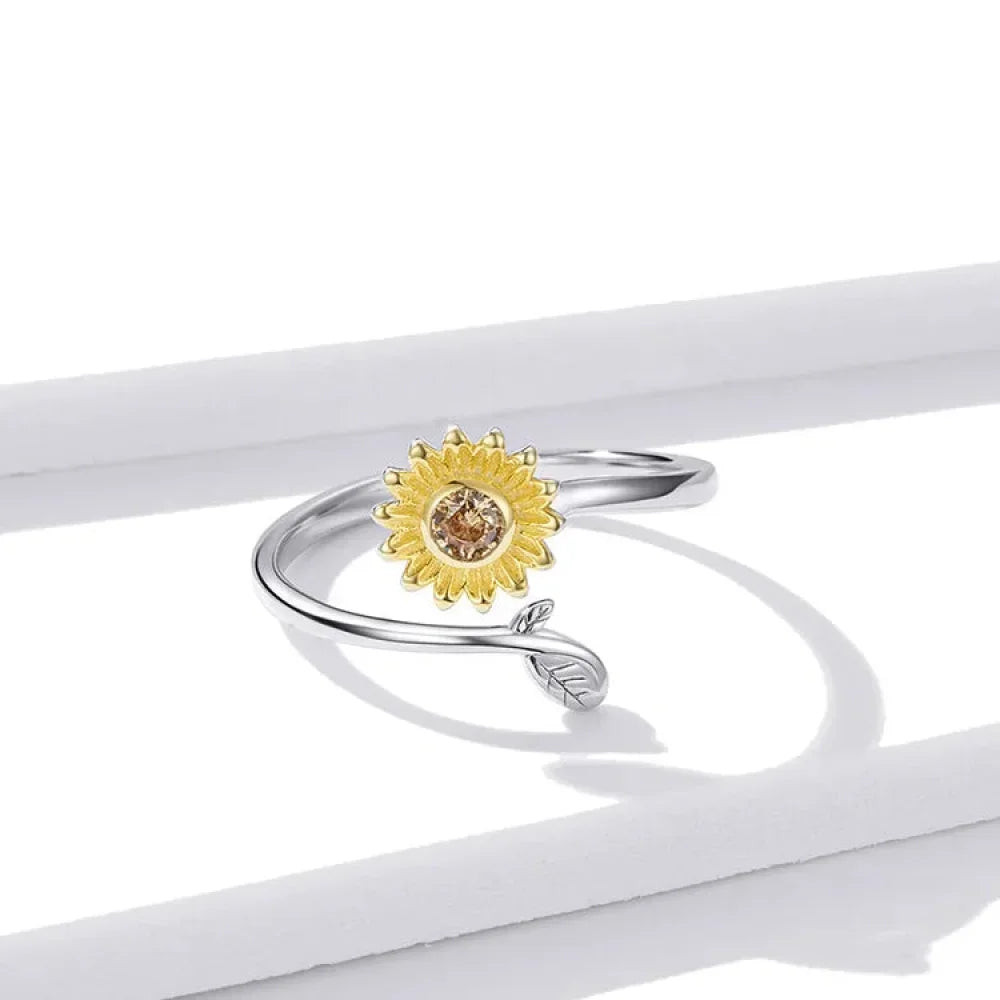925 Sterling Silver 18K Gold Sunflower Open Ring - Velora Luxury Fashion