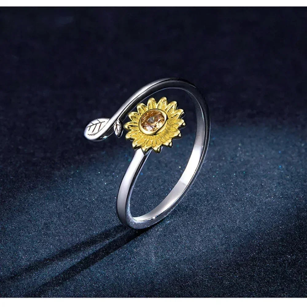 925 Sterling Silver 18K Gold Sunflower Open Ring - Velora Luxury Fashion