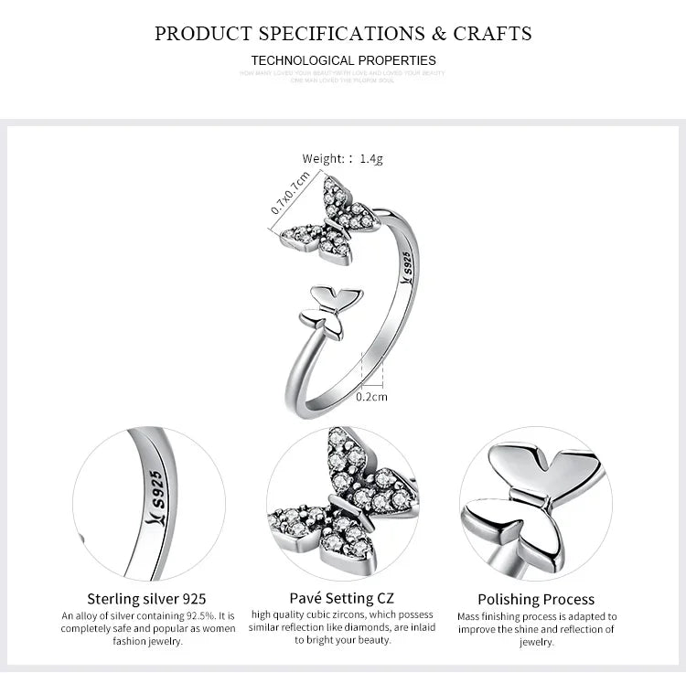 925 Sterling Silver CZ Butterfly Open Ring - Velora Luxury Fashion
