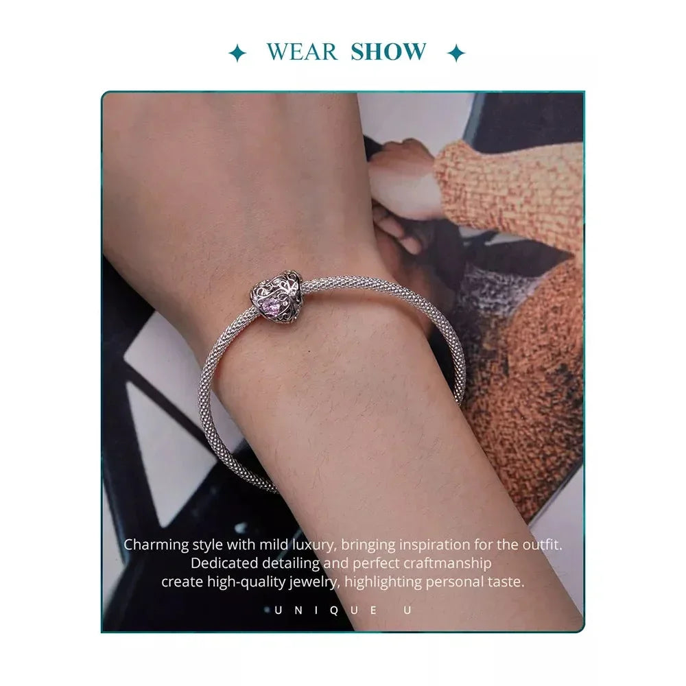 925 Sterling Silver Diy Heart Charm With Pink Zircon - Bsc777 - Velora Luxury Fashion