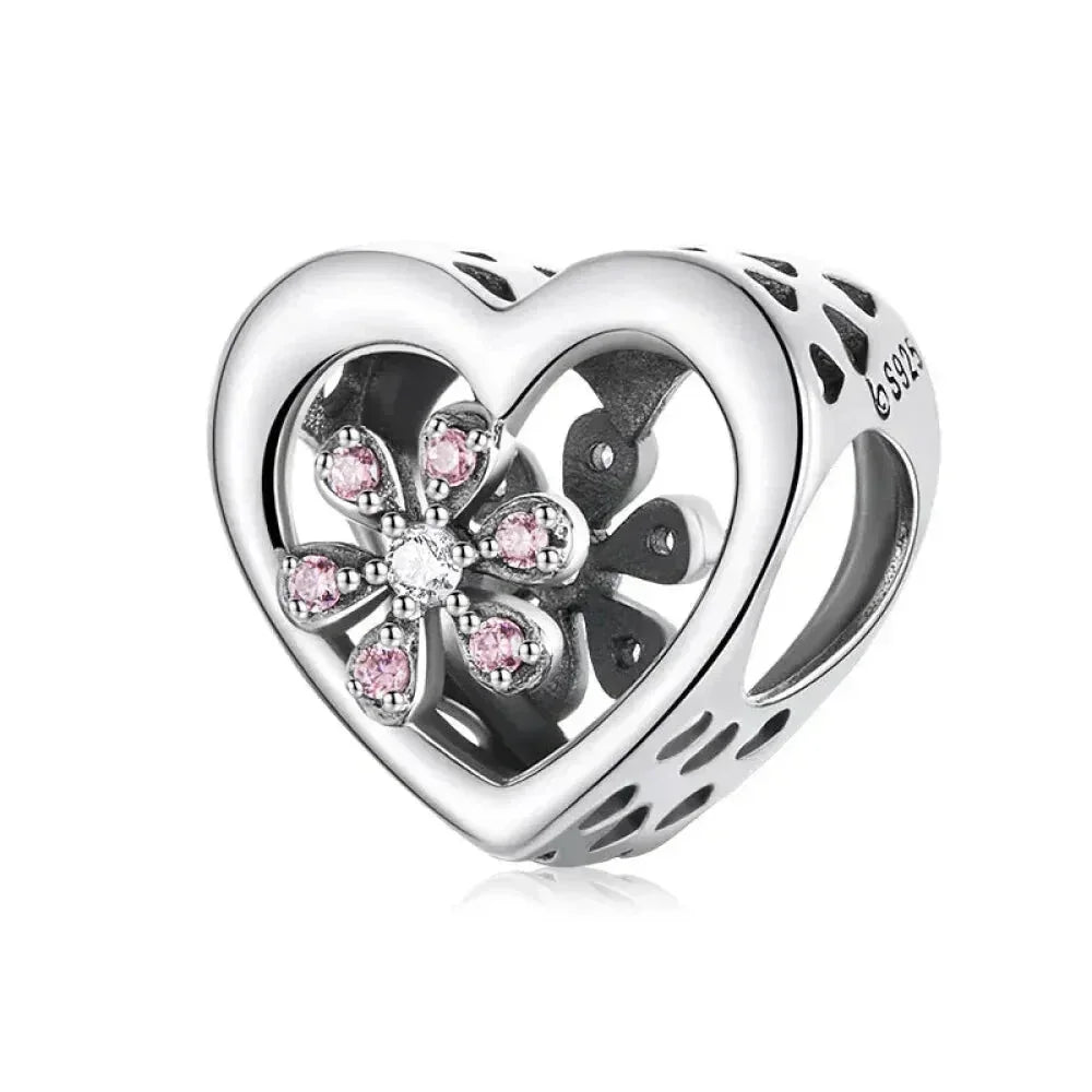 925 Sterling Silver Diy Heart Charm With Pink Zircon - Bsc777 - Velora Luxury Fashion