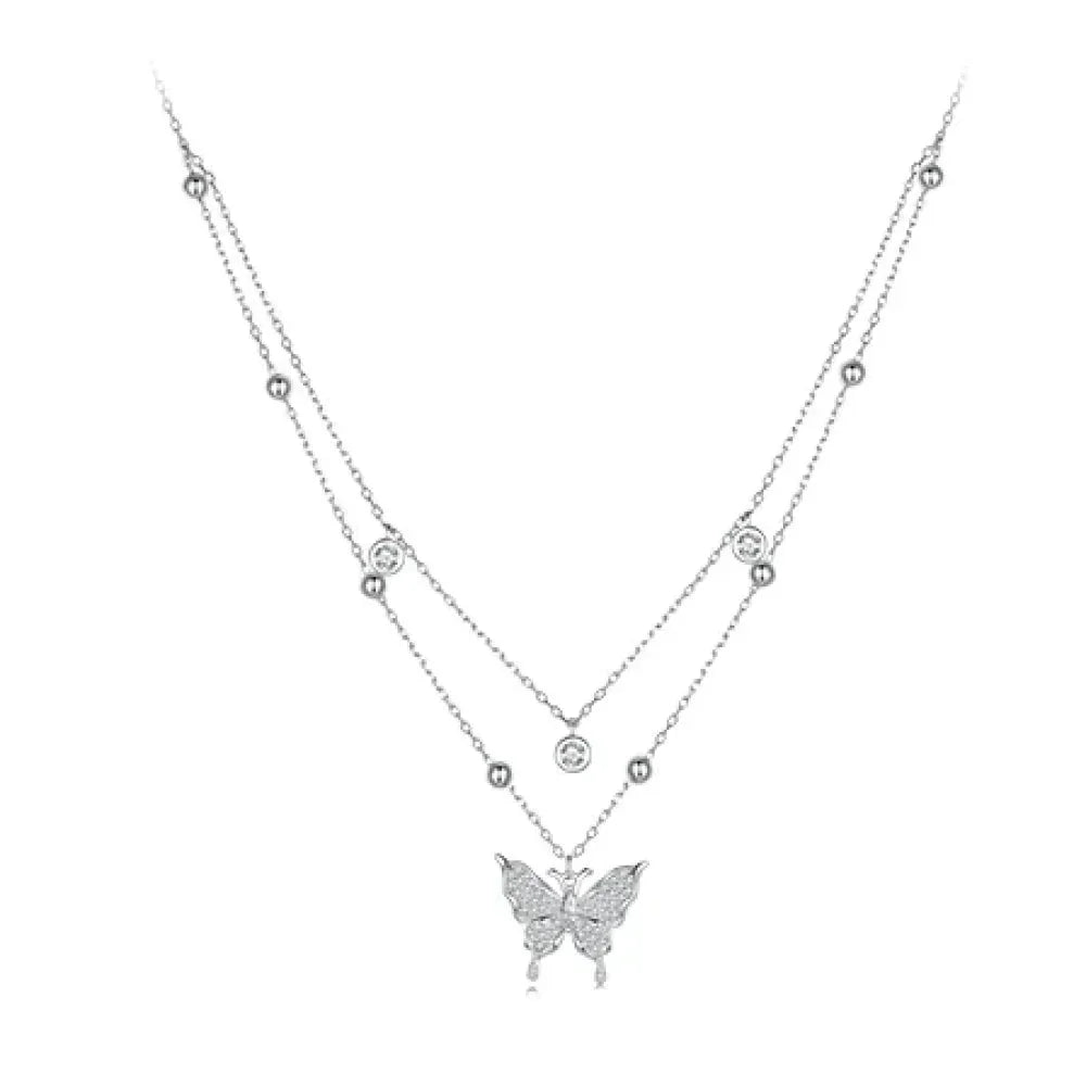 925 Sterling Silver Double-layer Tassel Butterfly Pendant Necklace for Women - Elegant Fine jewelry - Velora Luxury Fashion