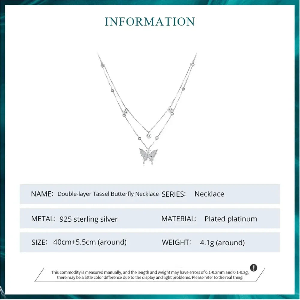 925 Sterling Silver Double-layer Tassel Butterfly Pendant Necklace for Women - Elegant Fine jewelry - Velora Luxury Fashion