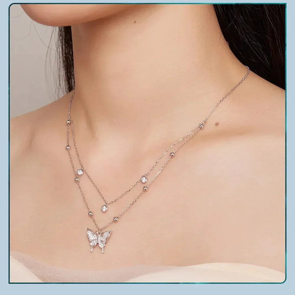925 Sterling Silver Double-layer Tassel Butterfly Pendant Necklace for Women - Elegant Fine jewelry - Velora Luxury Fashion