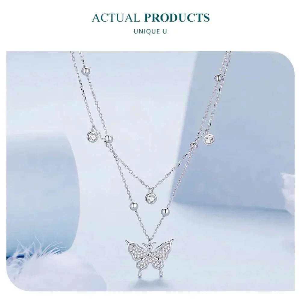 925 Sterling Silver Double-layer Tassel Butterfly Pendant Necklace for Women - Elegant Fine jewelry - Velora Luxury Fashion
